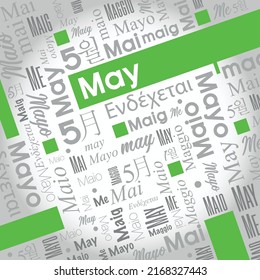 May word cloud written in Spanish, German, Portuguese, Italian, Japanese, Korean in gray with the English word highlighted in color. Vector image