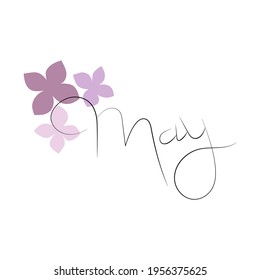 Palabra de mayo. Mayo concepto texto con flores. Ilustración vectorial del texto con letras de la mano de mayo para afiches, tarjetas, banner, diseño de plantillas sobre fondo blanco. Mes de primavera.