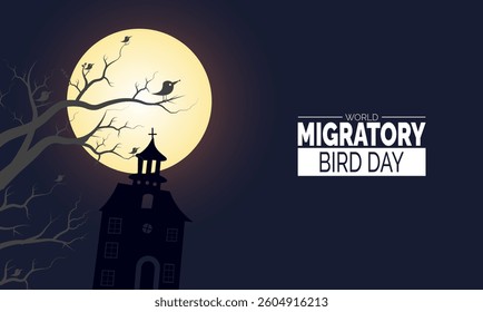 May is World Migratory Bird Day. Holiday concept, suitable for Background Template, Greeting Card,  placard, Poster design  with text inscription. Classic Social Media Post. vector illustration