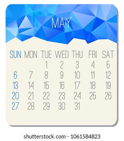 May year 2018 vector calendar. Week starting from Sunday. Contemporary low poly design in blue color.