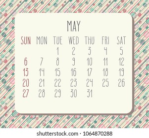 May year 2018 vector calendar. Hand drawn over pastel colored polka dot background. Week starting from Sunday.