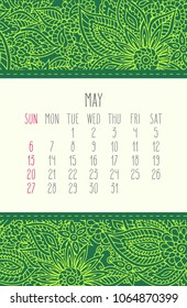 May year 2018 vector calendar over green lacy floral doodle hand drawn background, week starting from Sunday.