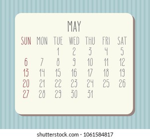 May year 2018 vector hand drawn calendar. Beige plank over blue stripes background. Week starting from Sunday.