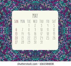 May year 2018 vector month calendar over lacy doodle hand drawn teal and purple background, week starting from Sunday.