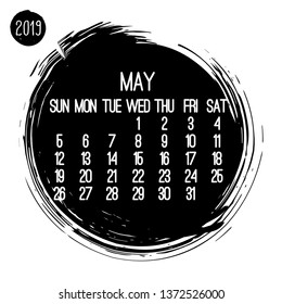 May year 2019 contemporary vector monthly calendar. Week starting from Sunday. Hand drawn brush stroke circle design in black over white background.