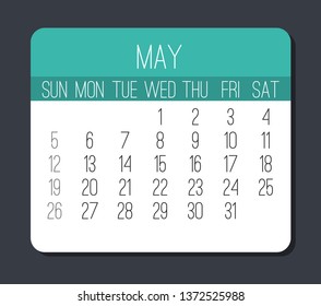 May year 2019 plain contemporary vector monthly calendar. Week starting from Sunday. Modern teal blue and white design over gray background.
