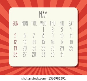 May year 2019 vector monthly calendar. Week starting from Sunday. Bright orange and red rays of light background.