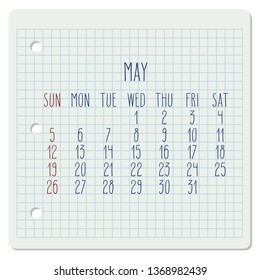 May year 2019 vector monthly calendar on a chequered notebook page. Week starting from Sunday. Hand written typography.