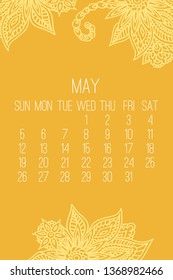 May year 2019 vector monthly calendar over yellow lacy doodle ornate hand drawn background, week starting from Sunday.
