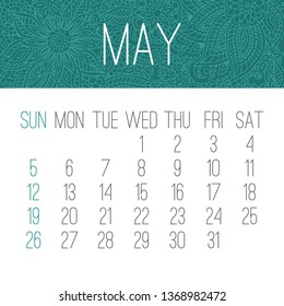 May year 2019 vector monthly calendar with doodle ornate hand drawn backdrop, week starting from Sunday. White and teal green design.