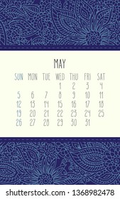 May year 2019 vector monthly calendar over blue lacy doodle ornate hand drawn background, week starting from Sunday.