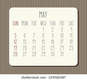 May year 2019 vector monthly calendar. Week starting from Sunday. Vintage brown stripes design.