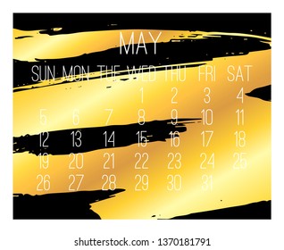 May year 2019 vector monthly modern calendar. Week starting from Sunday. Contemporary golden brush strokes over black design.