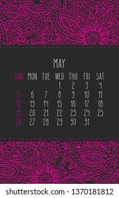 May year 2019 vector monthly calendar with lacy doodle ornate hand drawn florals, week starting from Sunday. Pink design over dark gray background.