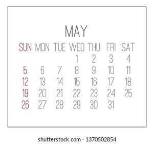 May year 2019 vector monthly calendar. Week starting from Sunday. Plain white contemporary design.
