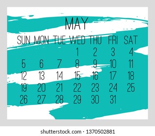 May year 2019 vector monthly modern calendar. Week starting from Sunday. Contemporary hand drawn brush stroke frame design in teal blue and white.