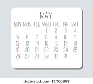 May year 2019 vector monthly calendar. Week starting from Sunday. Plain light grey and white contemporary design.