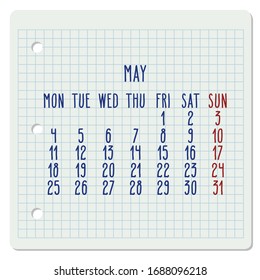 May year 2020 vector monthly calendar on a squared notebook page. Hand written chequered note pad sheet typography. Week starting from Monday.