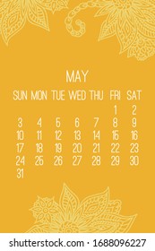 May year 2020 vector monthly calendar over lacy doodle ornate hand drawn yellow background. Week starting from Sunday.