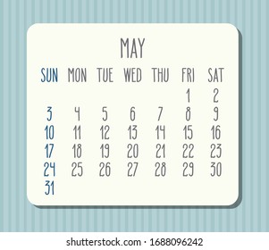 May year 2020 vector monthly light calendar. White frame over pastel blue striped background. Week starting from Sunday.