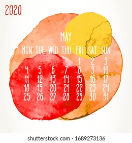 May year 2020 vector monthly artsy calendar. Hand drawn colorful watercolor paint circles design over white background. Week starting from Monday.