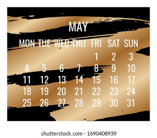 Mayo de 2020 vectorial calendario mensual moderno. Diseño contemporáneo de pincel dorado de bronce sobre fondo negro. Semana a partir del lunes.
