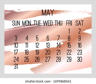 May year 2020 vector monthly modern calendar. Contemporary red golden brush stroke design over white background. Week starting from Sunday.