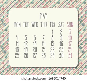 Mai 2020 Vektorillustration Monatskalender. Woche ab Montag. Pastellfarbene Punkte und Streifen, helles Design.