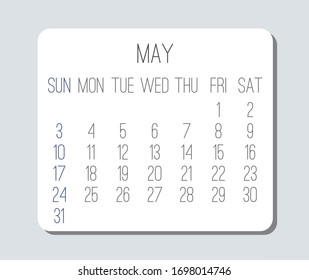 Año de mayo 2020 Vector, calendario mensual simple minimalista de gris claro. Semana a partir del domingo.