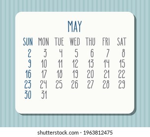 May year 2021 vector monthly light calendar. White frame over pastel blue striped background. Week starting from Sunday.