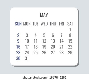 May year 2021 vector monthly plain minimalist simple light calendar. Week starting from Sunday.