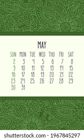 May year 2021 vector monthly calendar over green lacy doodle ornate hand drawn floral background. Week starting from Sunday