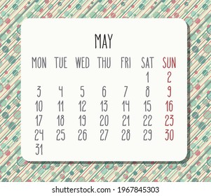 May year 2021 vector monthly calendar. Week starting from Monday. Pastel colored dots and stripes light design.