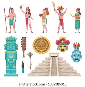 Maya ancient civilization architectural monuments staircase temple sculpture artifacts people cartoon set isolated vector illustration  vector illustration 