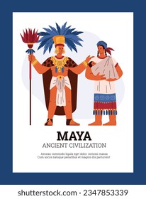 Afiche maya de la antigua civilización, ilustración plana vectorial. Hombre con ropa tradicional maya, mujer sosteniendo un bebé. Historia, cultura y tradiciones antiguas.