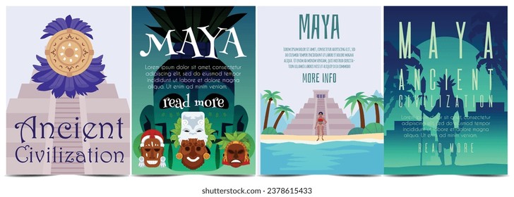 Maya ancient civilization posters set, flat vector illustration. Concepts of history, culture and traditions. Mayan symbols and artifacts. Museum invitations.