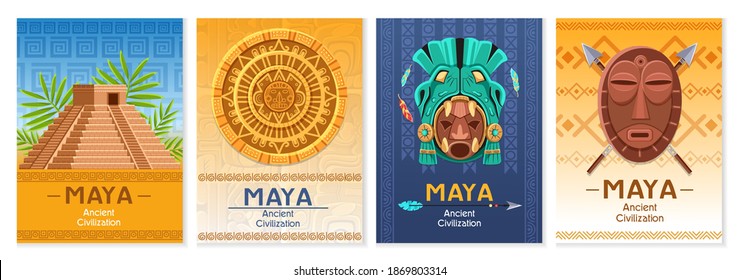 Maya ancient culture. Aztec and Inca civilization elements, archaeological finds, mexico architecture fragments. Religion masks and idols, pyramid and Mayan calendar cartoon vector colorful poster set