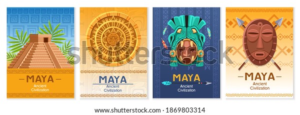 Maya ancient culture. Aztec and Inca
civilization elements, archaeological finds, mexico architecture
fragments. Religion masks and idols, pyramid and Mayan calendar
cartoon vector colorful poster
set