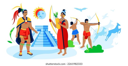 Antiguos cazadores mayas - moderna ilustración vectorial de color sobre fondo blanco con mujer dando una flecha y una proa a un guerrero, presa, caza animales, forraje, pirámide y eclipse lunar. Civilización