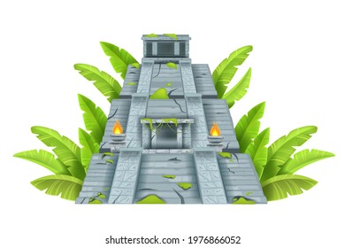 Maya ancient pyramid, Aztec temple ruin, vector cartoon landmark illustration isolated on white. Mexico archeological historical ziggurat, old civilization building. Maya pyramid, stone jungle castle