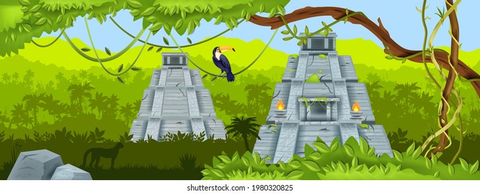 Maya ancient pyramid, jungle vector landscape, Mexico Aztec temple ruin, toucan, tropical rainforest. Travel green landmark background, archaeological stone structure. Maya pyramid, vine, liana, trees svg
