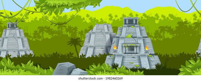 Maya ancient pyramid vector seamless background, jungle outline landscape, Mexico stone temple. Aztec old ruin, travel landmark illustration, palm silhouette, rainforest liana. Maya pyramid banner