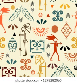 Maya ancient seamless pattern with unique hand drawn ethnic symbol