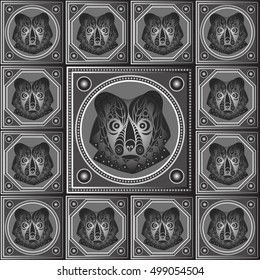 Maya art boho pattern with bear. Ethnic geometric print. Aztec background texture. Fabric, cloth design, wallpaper, wrapping, packaging. Vector illustration.