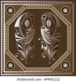 Maya art boho pattern with feathers. Ethnic geometric print. Aztec background texture. Fabric, cloth design, wallpaper, wrapping, packaging. Vector illustration.