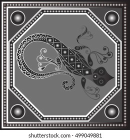 Maya art boho pattern with lizard. Ethnic geometric print. Aztec background texture. Fabric, cloth design, wallpaper, wrapping, packaging. Vector illustration.