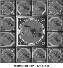 Maya art boho pattern with lizard. Ethnic geometric print. Aztec background texture. Fabric, cloth design, wallpaper, wrapping, packaging. Vector illustration.