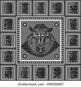 Maya art boho pattern with monkey (ape, simian). Ethnic geometric print. Aztec background texture. Fabric, cloth design, wallpaper, wrapping, packaging. Vector illustration.