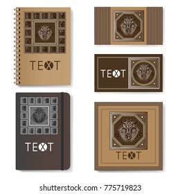 Maya art boho pattern on the  realistic notepad (diary) and business(visit) card, invitation. Template for advertising, branding and corporate identity. Mockup for design. Vector illustration.