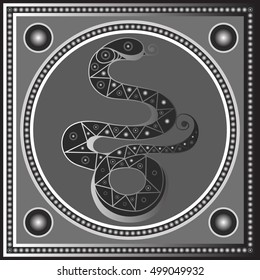 Maya art boho pattern with snake. Ethnic geometric print. Aztec background texture. Fabric, cloth design, wallpaper, wrapping, packaging. Vector illustration.